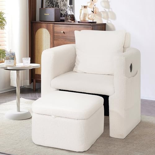 COCO DESIGN Barrel Chair with Storage Ottoman, Sherpa Upholstered Modern Side Arm Sofa Storage Chair for Bedroom/Office/Living Room, Adjustable Headrest, USB Charge, White