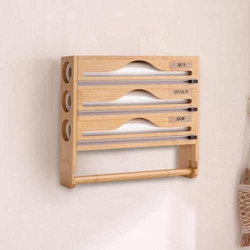 Dispenser 5 in 1 per fogli e pellicola trasparente con taglierina, organizer da parete in bambù per rotoli da 30,5 cm, soluzione di archiviazione da cucina per involucri