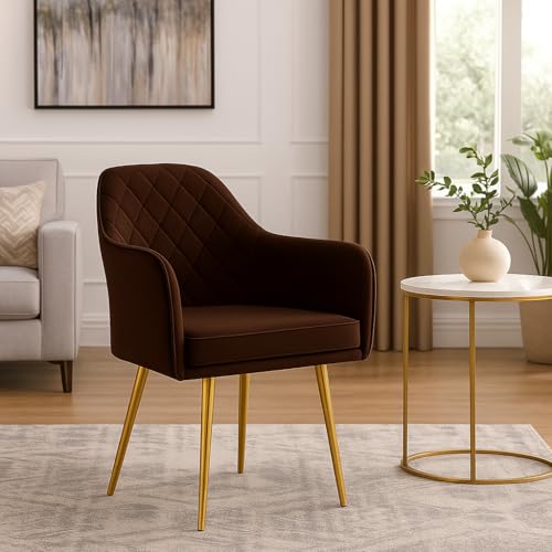 Image of Barfi Velvet Dining Chair | Premium Modern Upholstered Accent Chair with Armrest, Padded Seat and Metal Legs | Comfy Chair for Home, Office & Restaurents (Dark Brown)