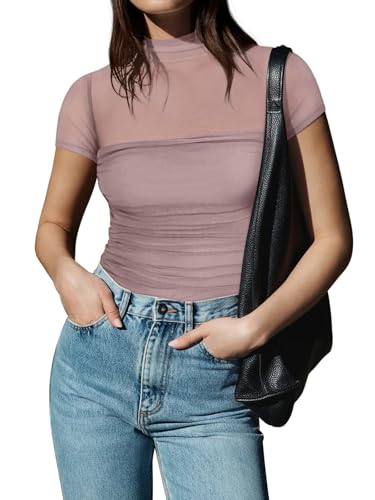 Image of REORIA Women's Sexy Mock Turtle Neck Short Sleeve Shirts Sheer Mesh Ruched Trendy Going Out Bodysuits Tops