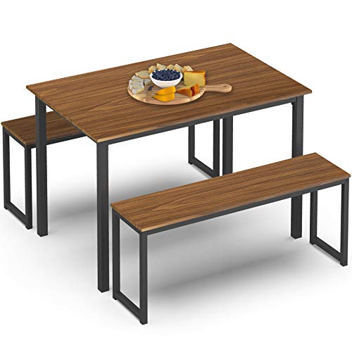 Homury Modern Studio Soho Dining Table with Two Benches 3 Piece Set,Brown