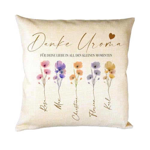 Manufaktur Liebevoll Personalisiertes Kissen mit Namen Dankeschön Uroma Geschenk für Großmutter Familienkissen mit Aquarellblumen Geschenk Familie (Danke Uroma)