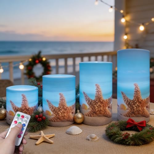 Image of 4PCS Summer Starfish Flameless Candles with Timer Remote Control | Blue OceanColored Light 4H 8H Timer Remote for Wedding Beach Party Coastal Room Decor