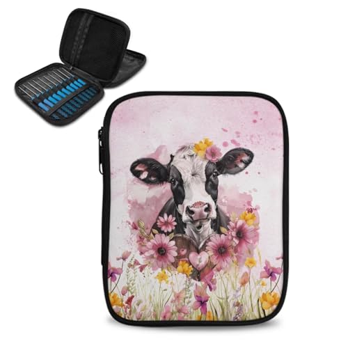 Image of Cow Crochet Hook Case Lightweight Flower Crochet Organizers and Storage Soft for Travel Outdoors Home Easy to Carry