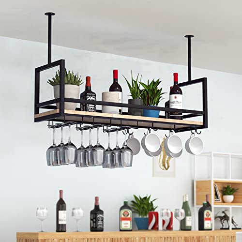 DSVONAUS Hängendes Weinregal und Weinglashalter - Weinregal aus Metall mit 2 Arten Glashalter und Leitplanke, Weinglasregal zur Deckenmontage, Flaschenhalter, perfekt für Bar-Café-Küche Cover