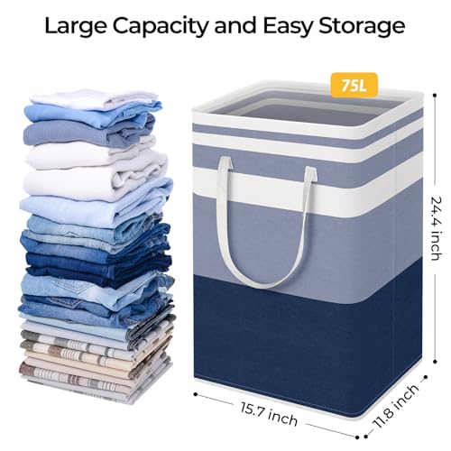 HomeHacks 2-Pack Large Laundry Basket, Waterproof, Freestanding Laundry Hamper, Collapsible Tall Clothes Hamper with Extended Handles for Clothes Toys in the Dorm and Family (Blue, 75L)