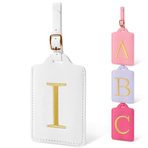 Image of Initial Letter Luggage Tags for Suitcases, Embroidered Monogrammed Suitcase Luggage Identifier Name Tag, PU Leather TSA Approved Luggage Tags, Bag Tags for Men Women Kids Luggage Handbags(White I)