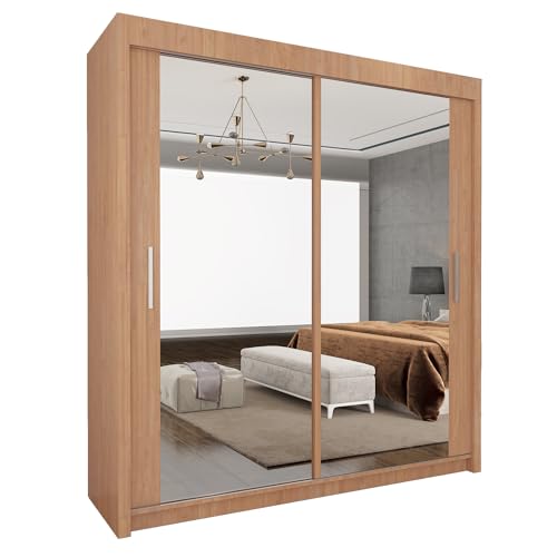 Armario moderno con espejo de longitud completa, 2 y 3 puertas correderas, estantes ajustables, rieles para colgar y amplio espacio de almacenamiento, muebles elegantes de roble para dormitorio