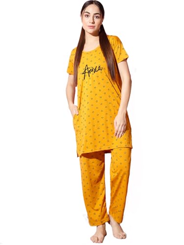 Image of Printed Round Neck Short Sleeve Nightsuit Set | Casual Night Dress for Women