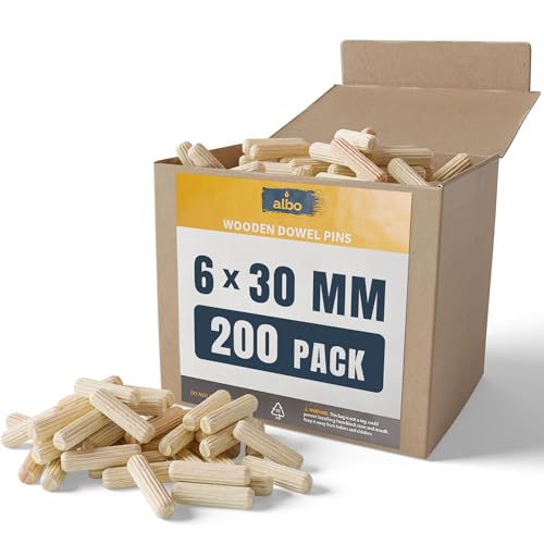 Image of ALBO Wooden Dowel Pins 6mm x 30mm / 1 /4 inch x 1.18 Inch Fluted Wood Dowels Rods 200 Pack Hardwood Crafts Dowel Pegs