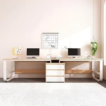 Large Double Gaming Computer Desk with Drawers for 2 People Wood Writing Study Table for Home Office Long Desk with Storage Natural Finish 94.48in Width