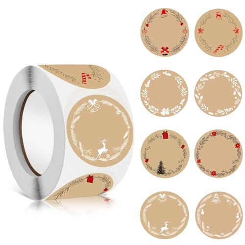 Kraftpapier Aufkleber, 500 Stück 4cm Rund Geschenksticker Weihnachten Kraft Etiketten, für Geschenkverpackung Weihnachtsdekoration Marmeladen