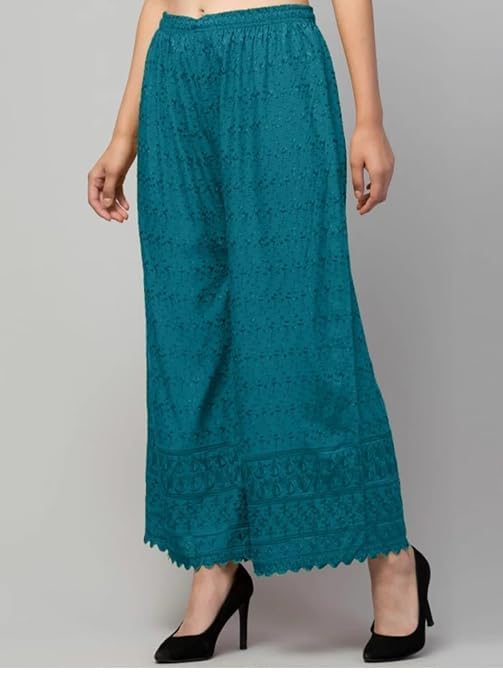 Image of Women's Palazzo Pants Rayon Trousers Chikankari Embroidered Lace Trim Wide Leg Straight Fit Flared Palazzo for Girls & Women