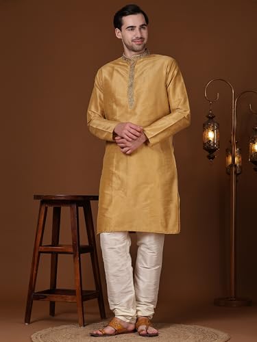Image of SKAVIJ Men's Art Silk Embroidered Kurta Pajama Set Thread Work Ethnic Motifs Festive Party Dress