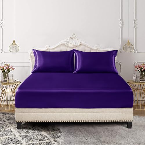 Image of SiinvdaBZX 3-Piece Set Satin Queen Fitted Sheet & 2 Pillowcase, Purple Silky Soft Fitted Bottom Sheet, Wrinkle Free, Fade Resistant, Deep Pocket Bed Sheet (Deep Up to 15 inch)