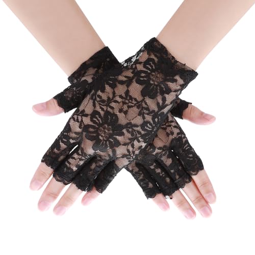 Lusofie Spitzenhandschuhe Schwarz Kurze für Teeparty Fingerlose Handschuhe Damen Formelle Oper Blumenmuster Halloween Hochzeit Schwarz Handschuhe...