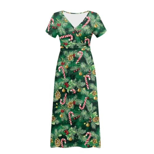 Image of Women's Fall Summer Short Sleeve Ankle Length V-Neck Party Dress with Pockets Size S-3XL