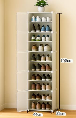 Image of Zemic Multiuse Modular Plastic Shoe Rack for Home with Door | 𝟏𝟎 𝐒𝐡𝐞𝐥𝐟 Stackable Organizer | Waterproof & Dustproof | Space Saving Storage for Home, Bedroom & Entryway【White, 5-Door-10-Shelf】
