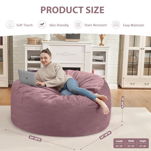 3FT Bean Bag Chair, Comfy Bean Bag Chairs with Memory Foam Filled, Fluffy Beanbag Sofa with Dutch Velvet Cover, Round BeanBag Chairs for Living Room, Playroom - Dusty Pink