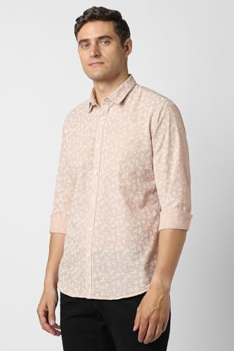 Image of Peter England Men's Slim Fit Full Sleeve Casual Shirt in Slub Cotton with All-Over Leafy Print