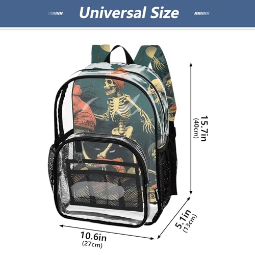 Group Skeletons Skateboard Clear Backpack, Heavy Duty PVC Transparent Backpacks, See Through Multiple Pockets Bookbag for Women Concert Sport Venues Work Travel4