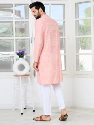 Image of See Designs Men's Full Sleeve Mandarin Collar Floral Embroidered Mandarin Collar Thread Work Straight Long Kurta - Festive Collection