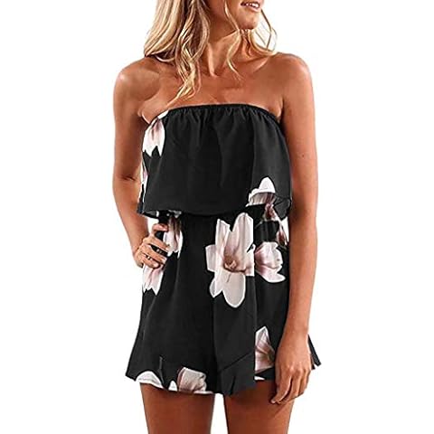 Playsuits Womens Printed Playsuit, Lulupi Women's Off Shoulder Rompers Print Floral Ruffle Backless Playsuits Short Jumpsuits Black Cover