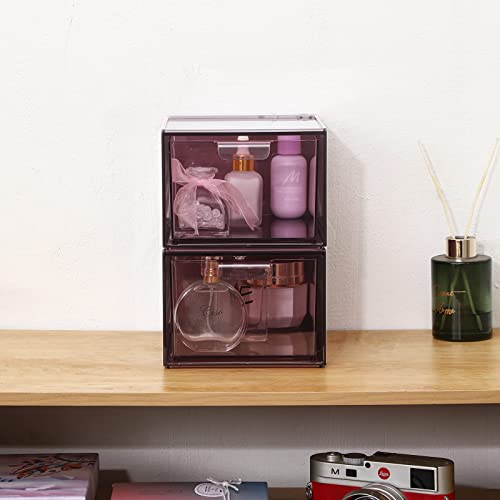 Yieach 2 Pack Stackable Makeup Organizer Storage Drawers 4.5'' Tall Acrylic Cosmetic Display Case Purple Bathroom Plastic Storage Bins For Vanity,Under Cabinets,Pantry Organization And Storage #TOP2