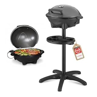 TZS First Austria - Barbecue elettrico 2 in 1 da tavolo & terra 2400W - BBQ con piedistallo per balcone e terrazza con coperchio e ripiano - Grill a sfera con termometro e vassoio raccogligrasso