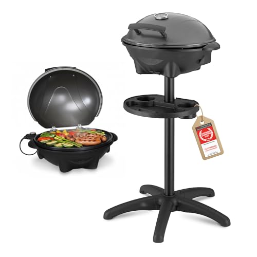 TZS First Austria - Barbecue elettrico 2 in 1 da tavolo & terra 2400W - BBQ con piedistallo per balcone e terrazza con coperchio e ripiano - Grill a sfera con termometro e vassoio raccogligrasso