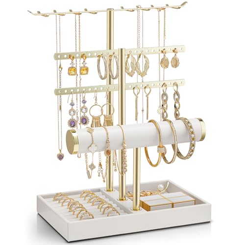 Vlando 3 Tier Jewelry Stand Organizer with Tary, Leather Jewelry Holder Display for Women, Gold Jewlery Holder Display for Necklace, Earring, Bracelet, Rings - White A. White 3-Layer