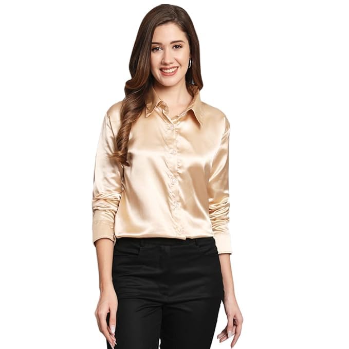 Women Gold Solid Satin Shirt-picture-55
