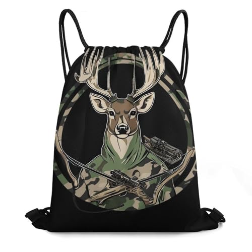 Breathable Drawstring Backpack, Camouflage American Flag Hunting Camo Deer Black Unisex Fashion Waterproof Large Capacity Draw String Bag, Reusable Sackpack with Sturdy Cord for Daily Use