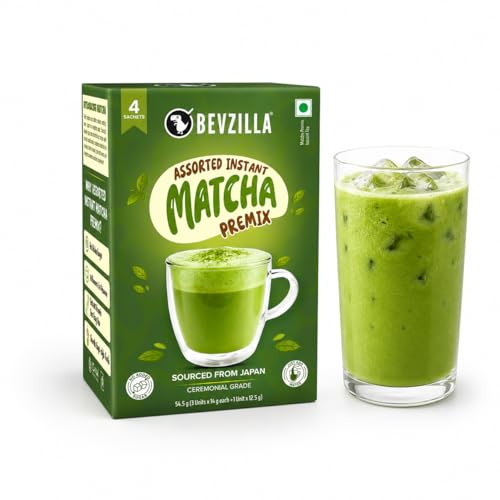Image of Bevzilla Instant Matcha Premix 4 Assorted Sachets | Ceremonial Grade Green Tea | No Added Sugar | Smooth Energy Drink Mix | Single Serve | Hot & Cold Matcha Anytime