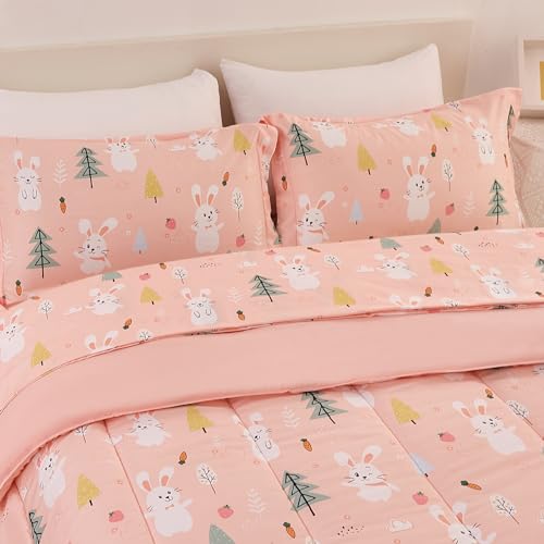Image of Yibeizi Pink Bunny Kids Comforter Set for Girls Full Cute Bedding