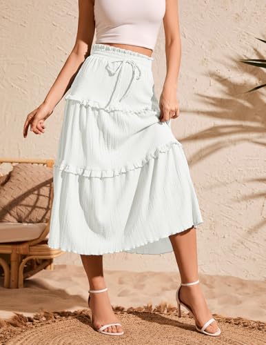 Meetjen Women's Summer Flowy Boho Midi Tiered Ruffle Skirt Elastic High Waist Casual A Line Beach Trendy Long Skirts3