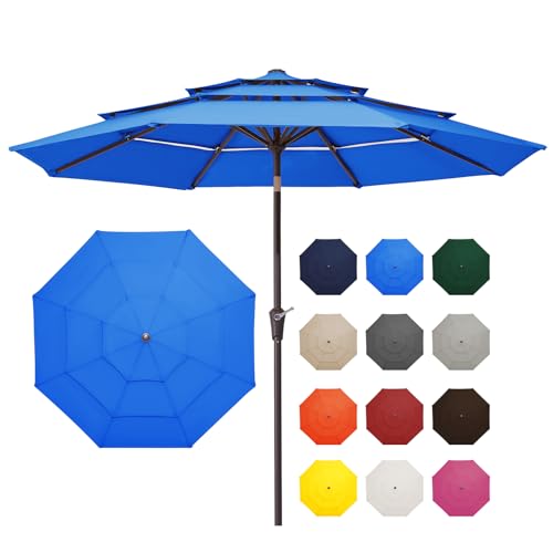 Image of JEAREY 9FT 3 Tier Patio Umbrella Outdoor Market Umbrella Table Umbrellas with 8 Ribs 1.5 Pole Push Button Tilt and Crank UV Protection for Garden,Royal Blue