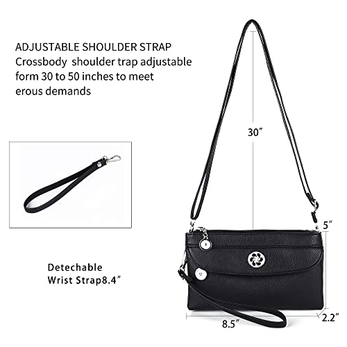 Angel Kiss Women's Leather Wristlet Clutch Wallet Double Corner Zip Small Crossbody Bag With Removable Wrist Strap And Adjustable Strap(Black) #TOP1