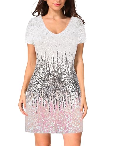 Image of MANER Women's Sequin Glitter Short Sleeve Dress Sexy V Neck Mini Party Club Bodycon Dresses