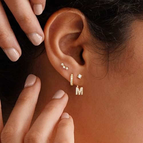 M MOOHAM Gold Stud Earrings Set for Women - 3 Pairs CZ Initial Dangle Stud Earring Gold Hoop Jacket Cartilage Earrings Stacks Hypoallergenic Earring for Multiple Piercing Gift for Women Trendy Jewelry4