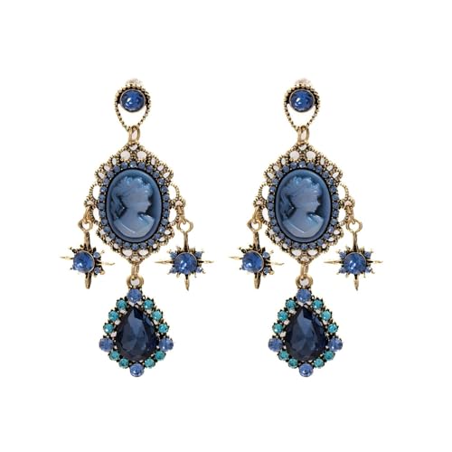 YIQPKUM Aretes Camafeo Candil Vintage Elegantes Colgantes Gotero Mujeres Azul Cristal Joyería Victorianos Accesorios Detalles Dijes (Azul marino)