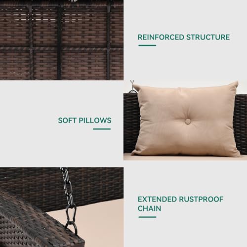 Yitahome MAYIH0009326MA Wicker Hanging Porch Swing Chair Outdoor Brown Rattan Patio Swing Lounge W/ 2 Back Cushions Capacity 530Lbs thumb #3