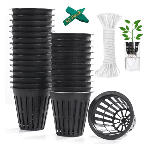 ORIMERC 2 inch Net Pots for Hydroponic Tower 50 Pack Mesh Net Cups Come with Self Watering Wicking Rope&Plant Labels for Hydroponic Garden Plants Baskets Aquaponics Vegetable Growing Indoor BPA Free