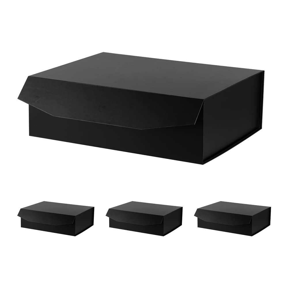 packgilo 4 pcs matte black extra large gift box with lid, 16.5x13x5.3 inches, hard magnetic giant gift boxes for presents clothes robe wedding dress sweater,reusable foldable bridesmaid proposal box