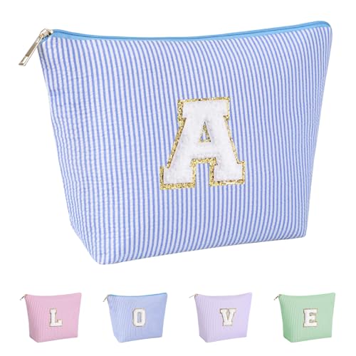Huifen Initial Makeup Bag for Girls, Toiletry Bag for Teens Kids(Blue, A)