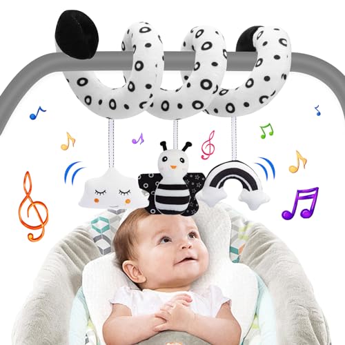 Image of Baby Spiral Hanging Stroller and Car Seat Toys for Babies 0-6 Months Black and White High Contrast Sensory Toy Newborn Plush Activity Toys for Crib Mobile, Best Gift for 0 3 6 9 12 Months Baby
