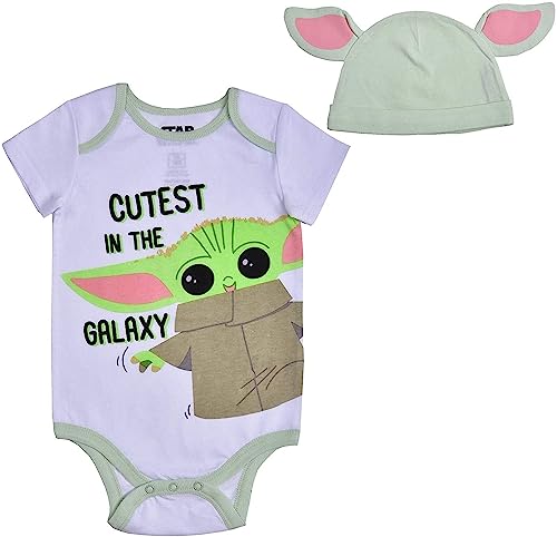 Image of STAR WARS The Mandalorian Baby Yoda Boys’ Short Sleeve Bodysuit and Cap Set for Newborn and Infant – White/Green