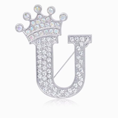 Image of Initial Letter Brooch Pins with Crown for Women Girls Men Boys Personalized Name Brooches Crafts Colorful Rhinestone Brooch Pins Silver A-Z