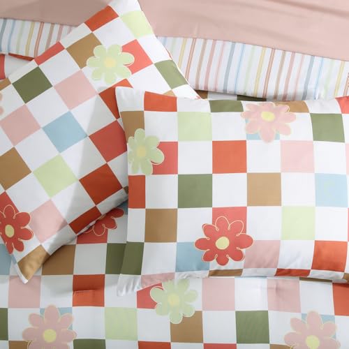 Image of Full Size Comforter Set for Girls Colorful Checkered Bed in a Bag 7 Pieces