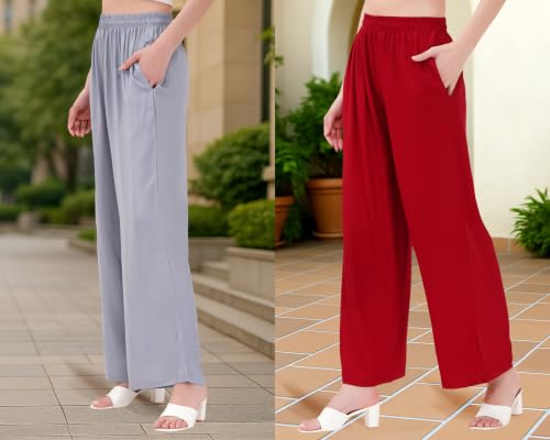 Image of Buy That Trendz Palazzo Pants for Women Rayon Elasticated Regular Fit Flared Wide Leg M to 6XL Pack of 2
